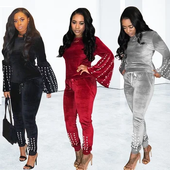 

TWO PIECE SET Velvet Pearl Tracksuit Beading Decoration Flare Sleeve Women 2 Piece Suit Elegant Outfits Party Club Autumn Winter