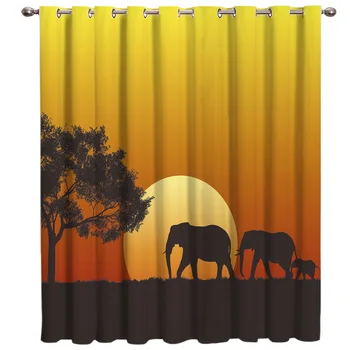 

African Sunset Elephant Window Curtains Dark Curtain Rod Living Room Kitchen Decor Swag Curtain Panels Home Decor