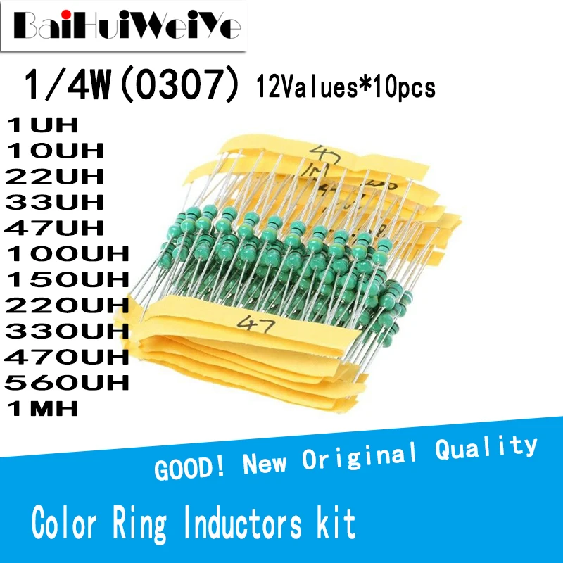 120PCS/LOT 1/4W 0307 Color Ring Inductors Kit 12values*10pcs 1UH 10UH 22UH 33UH 47UH 100UH 150UH 220UH 330UH 470UH 560UH 1MH 13values 10pcs cd43 smd power inductor assortment kit 2 2uh 470uh chip inductors cd43 wire wound chip