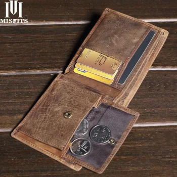 

MISFITS Vintage Crazy Horse Leather Men Wallets100% Genuine Leather Brand Coin Purse with Credit Card Holder Male Short Wallet
