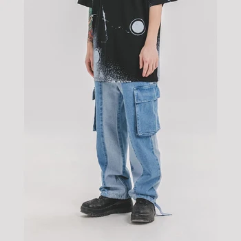 

Hip-hop Loose Large Pockets Washed Beam Feet Jeans Pants Men and Women High Street Denim Cargo Pants Harajuku Baggy Trousers