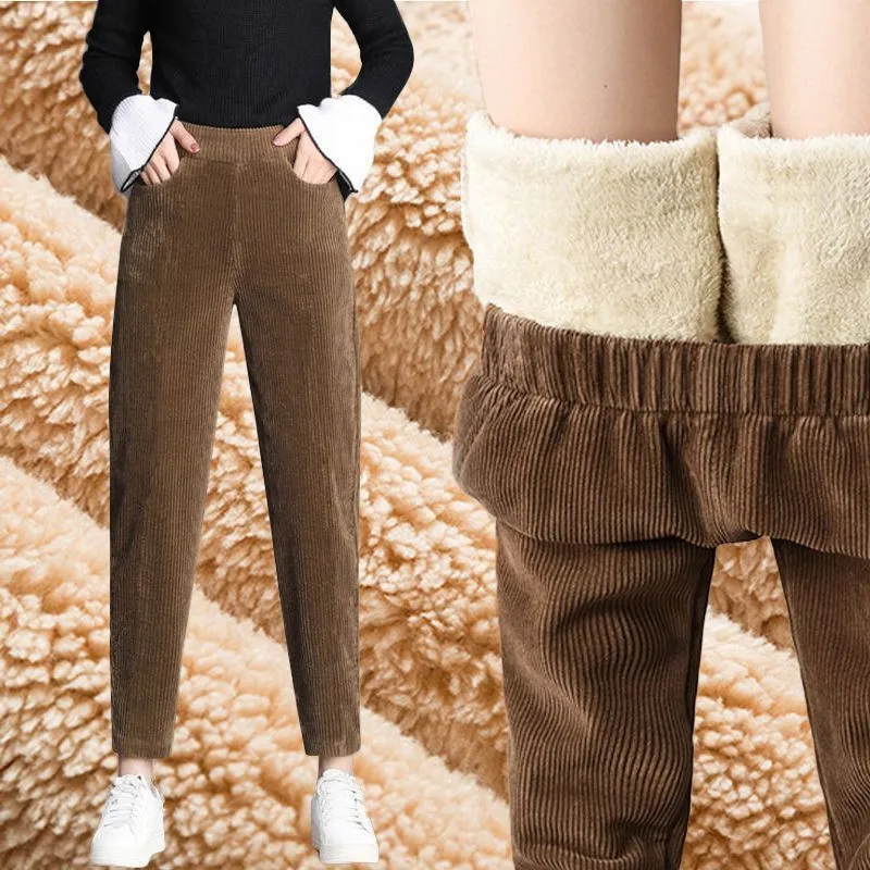 2021 New Women Pants Autumn Winter Corduroy Plush Thick Warm Long Pants High Waist Casual Loose Harem Trousers Pantalones leggings