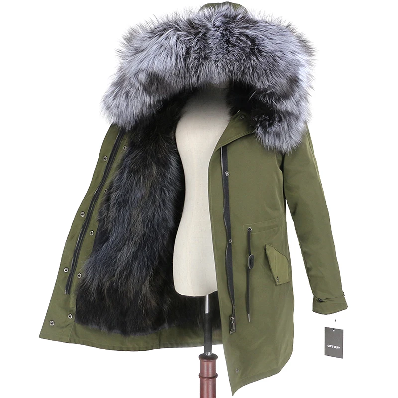 green grey silver D Женская парка на натуральном меху OFTBUY, черное пальто с натуральным лисьим мехом, с капюшоном с отделкой из меха енота, толстая теплая уличная одежда, зима - Цвет: green grey silver D