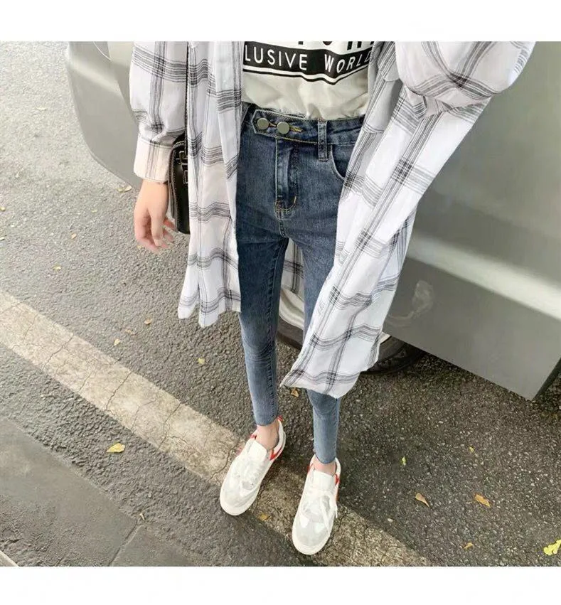Two Button High Waist Boyfriend Jeans for Women Denim Skinny Pants vintage Slim Pencil Jeans ankle Length Women Casual Jeans