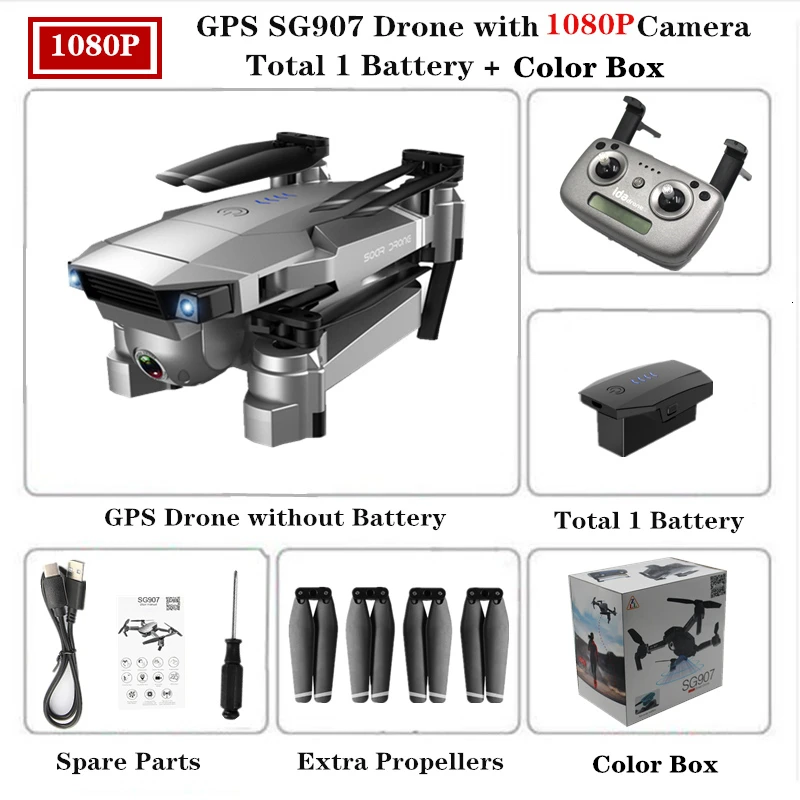 SG907 Радиоуправляемый Дрон с GPS 4K Квадрокоптер с 5G WiFi 90 градусов Электрическая регулировка камера слежения за мной Квадрокоптер VS S167 E520S Дрон - Цвет: 1080P-Color Box-1B