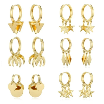 

Dayoff New Leaf Star Triangle Moon Hoop Earrings for Women Gold Color Small Geometric Penant Hoops Earrings Jewelry E548