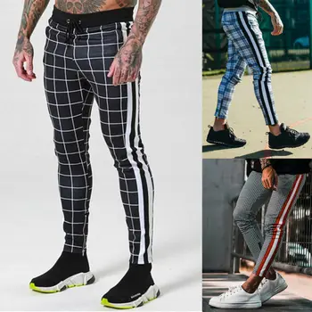 

Autumn Mens Long Casual Sport Pants Gym Slim Fit Trousers Plaid Jogger Sweatpants Bodybuilding Joggers Workout Trousers