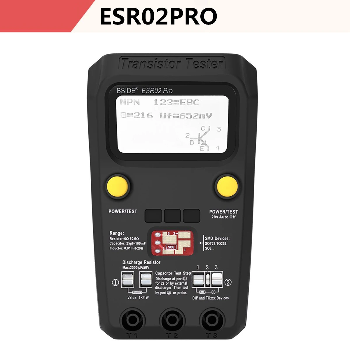 Профессиональный ESR02PRO Цифровой транзистор SMD компоненты тестер Диод Триод Емкость индуктивность мультиметр ESR метр - Цвет: ESR02PRO-BLACK