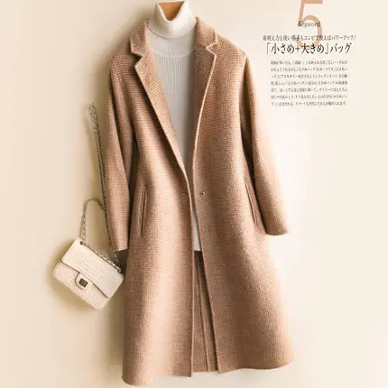 Осеннее модное длинное шерстяное пальто для женщин, высокое качество, Хаундстут, двухсторонняя кашемировая куртка из чистой шерсти, женская тонкая верхняя одежда - Цвет: Camel