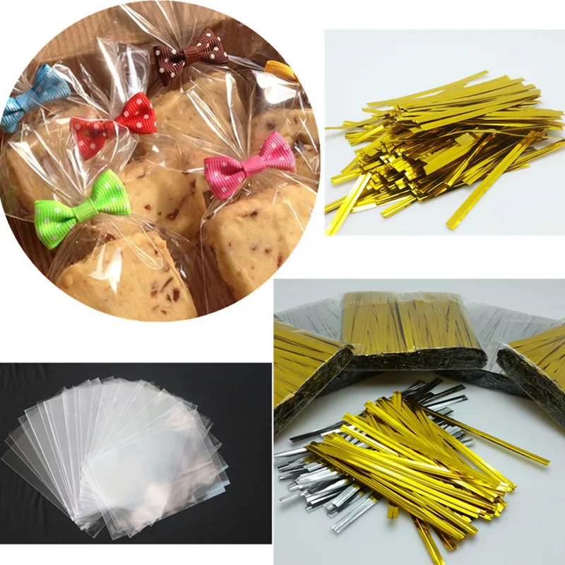 

100pcs Bowknot Metallic Twist Wire Ties Candy Lollipop Baking Clear Packaging Gift Bags for Wedding Party Cake Wrapping Supplies