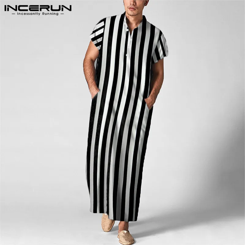 

INCERUN Muslim Clothes Men Striped Robes 2020 Short Sleeve Vintage Stand Collar Islamic Arab Kaftan Middle East Mens Jubba Thobe