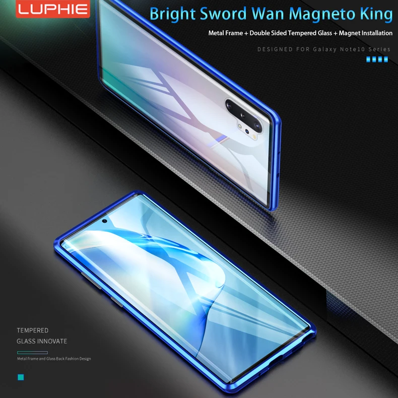 Luphie Магнитный адсорбционный металлический чехол для samsung Galaxy Note10 Note 10 Pro+ закаленное стекло задняя Магнитная крышка Чехлы