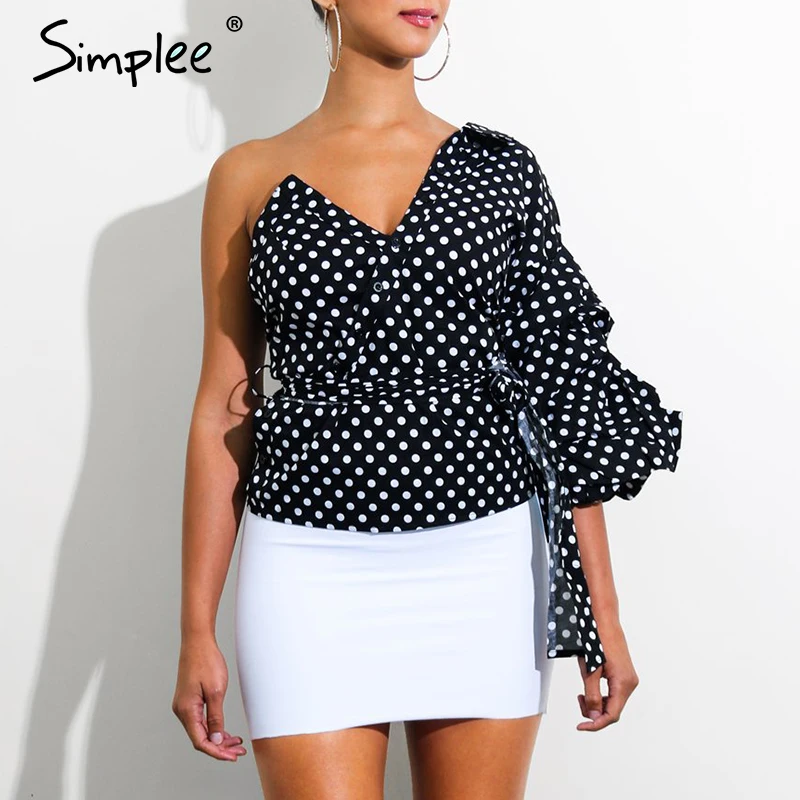 Женская белая блузка Simplee с открытым плечом женская в горошек поясом и длинным