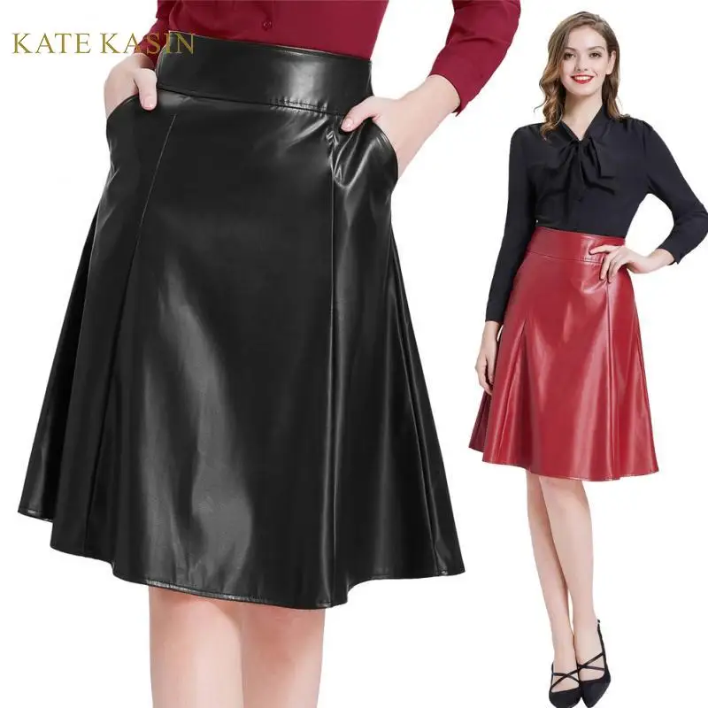 

Kate Kasin Women Faux Leather Skirt With Pockets Flared A-Line Skirts Ladies Vintage Back Zipper Black/Red PU Leather Midi Skirt