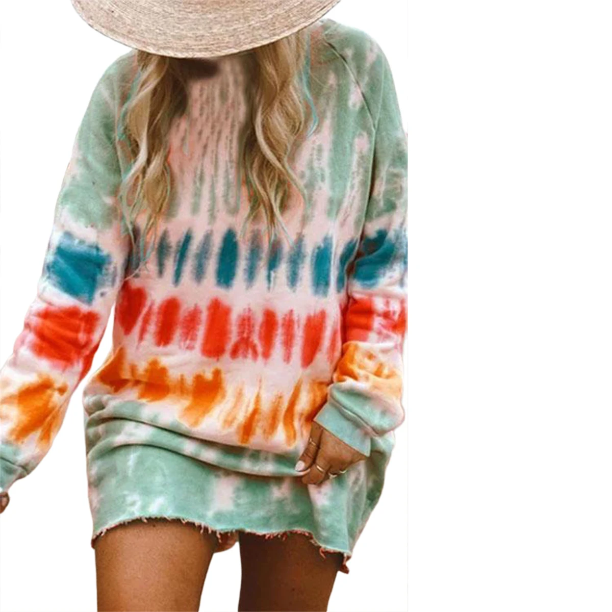 hirigin New Casual Rainbow Tie Dye Print Sweatshirt Dress for Women Long Sleeve O-Neck Mini Dress Female Loose Straight Dress