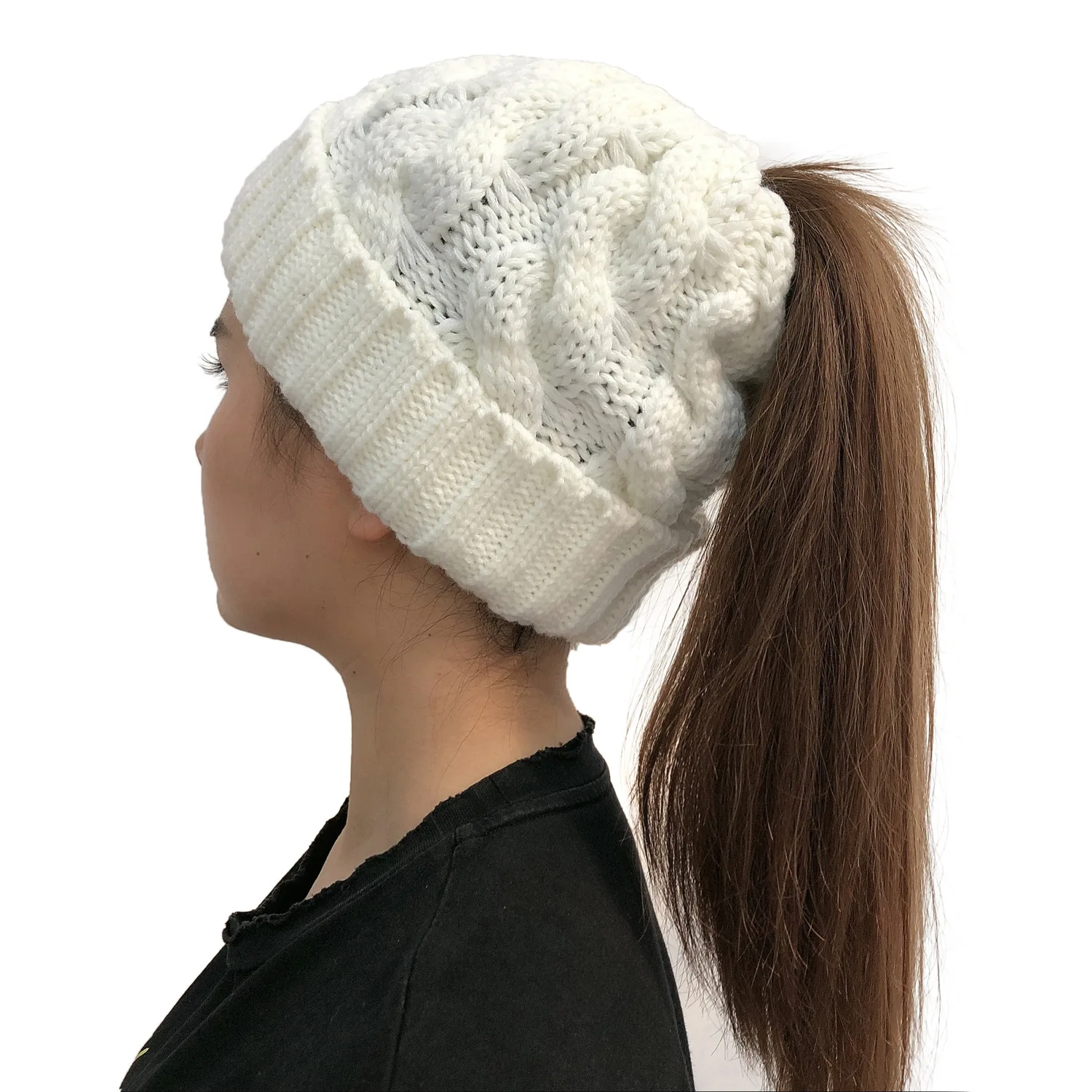 Новая мода горячая Распродажа Женская шапка осень зима толстый теплый твист керлинг вязанный конский хвост шерстяной свитер шапка для девочки