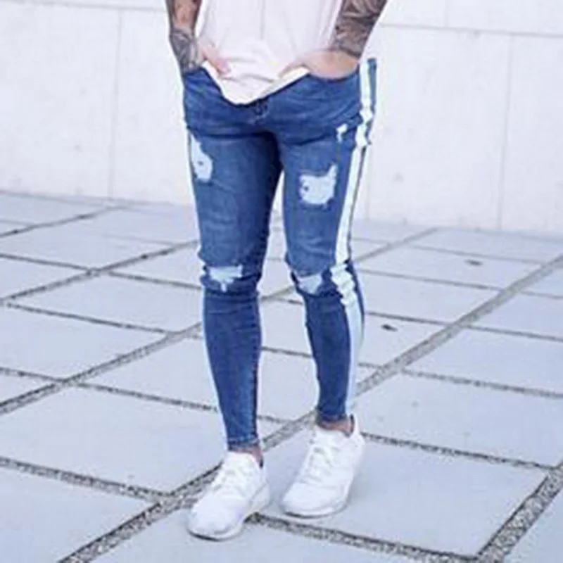 Light Blue Модные мужские обтягивающие джинсы, мужские рваные джинсы с боковой полосой на молнии, потертые Стрейчевые джинсы Homme VogueRipped Tore, мужские джинсы - Цвет: Light Blue