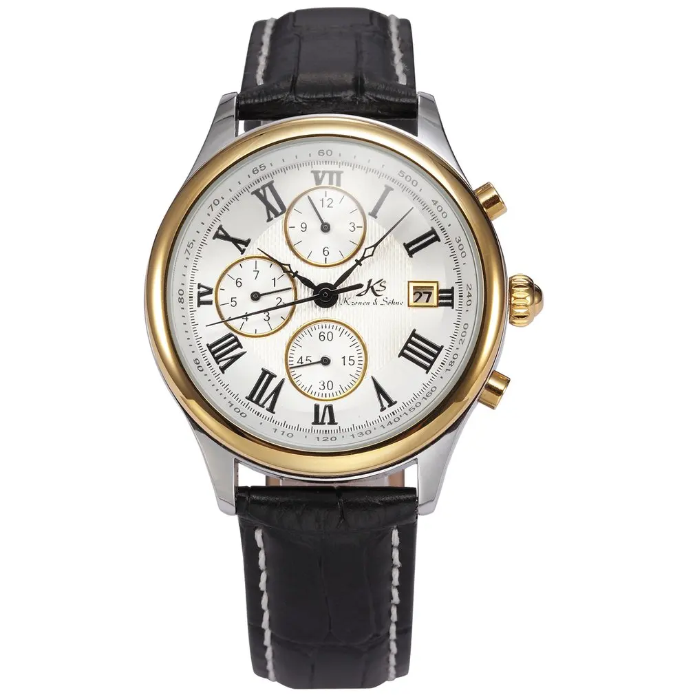 

IMPERIAL KS Golden Case Retro Skeleton 6 Hands Sun Satin Finish Day Month Display Black Leather Strap Men Mechanical Watch/KS145
