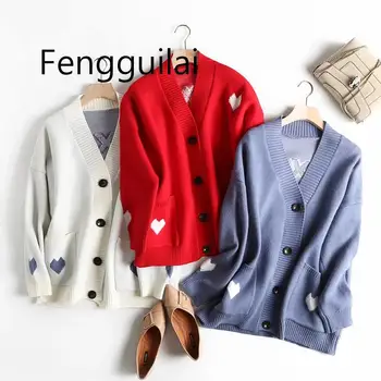 

Chic Single Breasted Sweet Heart Print Blue Cardigans Jumpers 2020 Autumn-Winter Women Red Sweater For Cute Girl Lovely Knitted