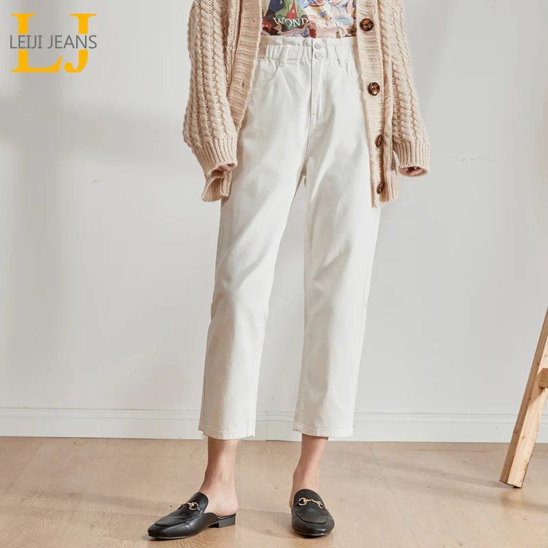 LEIJIJEANS 2020 Autumn Plus size women's elastic waist high waist capri harem pants double-breasted white and black ladies jeans LEIJIJEANS 2020 Autumn Plus size women's elastic waist high waist capri harem pants double-breasted white and black ladies jeans