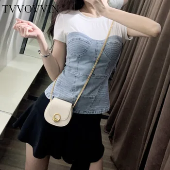 

TVVOVVIN 2020 Summer New Short-sleeved Round Neck T-shirt Patchwork Denim Casual Streetwear Women's Loose Striped Solid A103