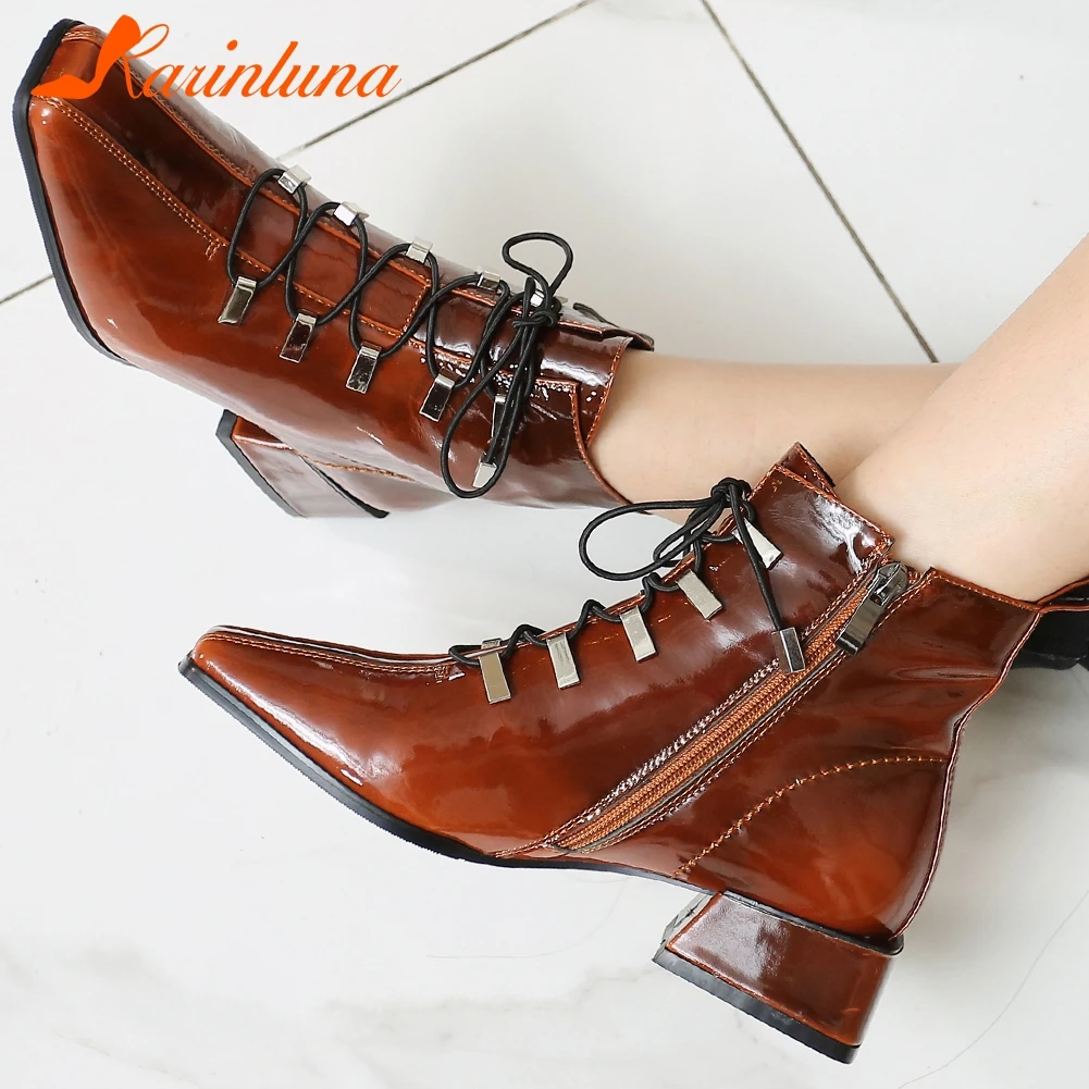 

KARINLUNA Women Ankle Boots Patent Genuine Leather Shoes Woman Lace Up Ankle Boots Square Heels Zipper Ladies Boots Size 34-43