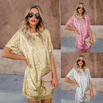 

Sequins Gold Dress Women 2020 Spring Summer Women Sexy Short T Shirt Dress Evening Party Elegant Club Nightclub Dresses Vestido