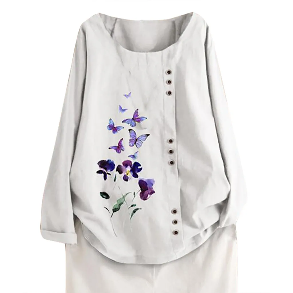 Женская блузка из хлопка и льна с длинным рукавом круглым вырезом|Блузки| |