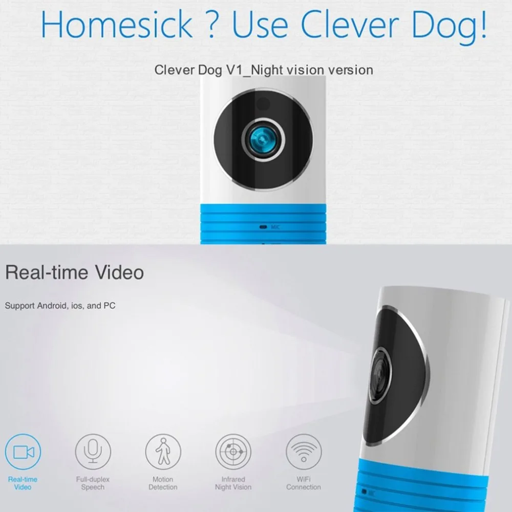 720P HD Clever Dog Wifi Home Security IP Camera Baby Monitor Intercom Smart Phone Audio Night Vision cam de seguridad