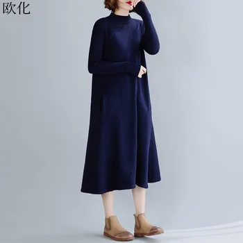 

Plus Size Korean Thicken Knitting Sweater 2019 Autumn Winter Fashion Turtleneck Wool Maxi Dress Vintage A-Line Sweaters Dresses