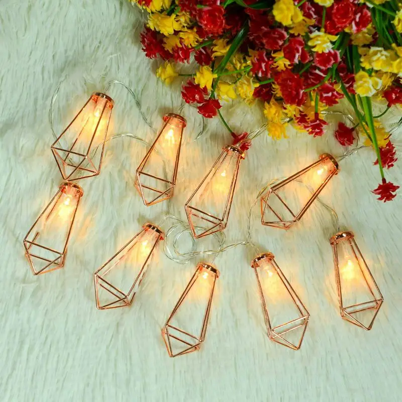 New 20 LED Rose Gold Geometric Fairy Lights- USB Powered, Boho Metal Cage Bedroom String Lights for Wedding Decorations Party I