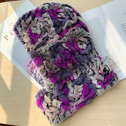 Multi-Color 3 Женские цельные шапки и шарф Настоящий мех кролика теплая зимняя шапка шейки ручной работы пушистые мягкие 3 цвета - Цвет: Multi-Color 3