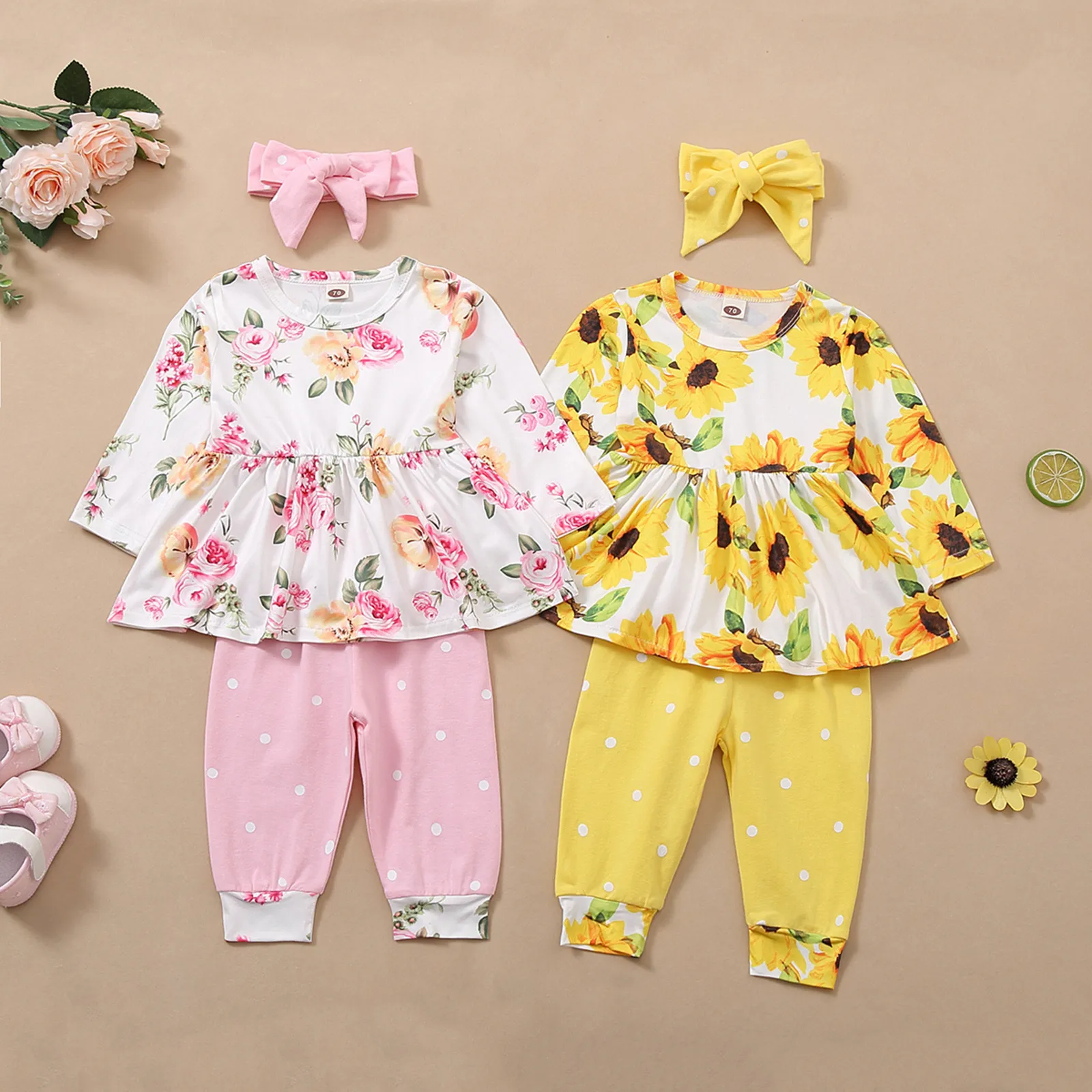 

1-4Years New Autumn and winter lady suit Newborn Infant Baby Girls Long Sleeve Floral Bubble Tops+Wave Point Pants Set babies M4