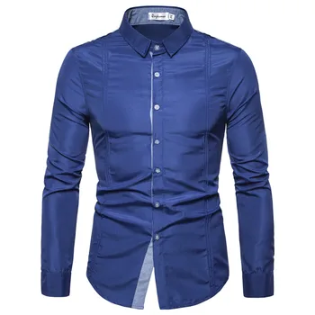 

Men Shirt Slim Fit Striped Splicing Button Up Street Turn-down Collar Long Sleeve Blouse Top Camisas Hombre Koszula Hawajska