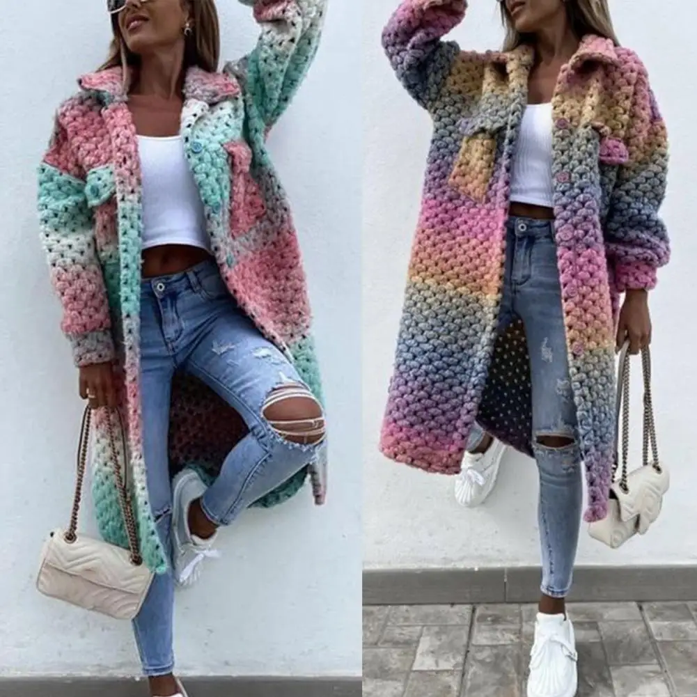 Drop Shipping Lady Overcoat Colorful Print Braided Twist Autumn Winter Long Sleeve Lapel Single Breasted Cardigan Coat for Daily