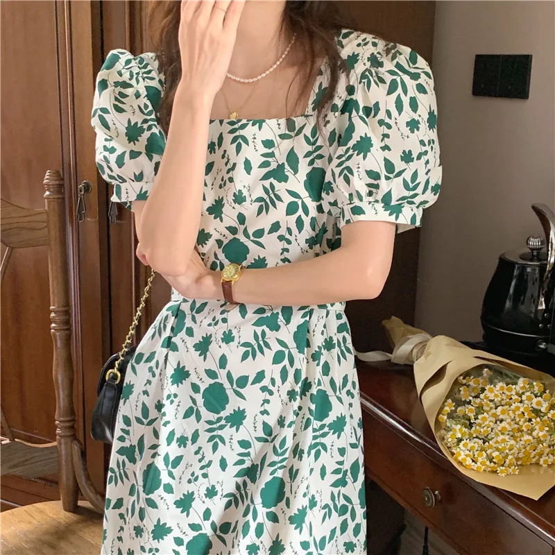 

Square Neck Floral Midi Cotton Dress Puff Sleeve A-line Korean French Summer 2022 Vacation Slim Elegant Green Beach Robe Femme