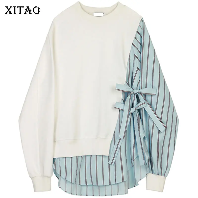 

XITAO Tide Patchwork Striped Sweatshirt Vintage Irregular Minority Fashionable Bandage Bow Plus Size Sweatshirt Top GCC1883