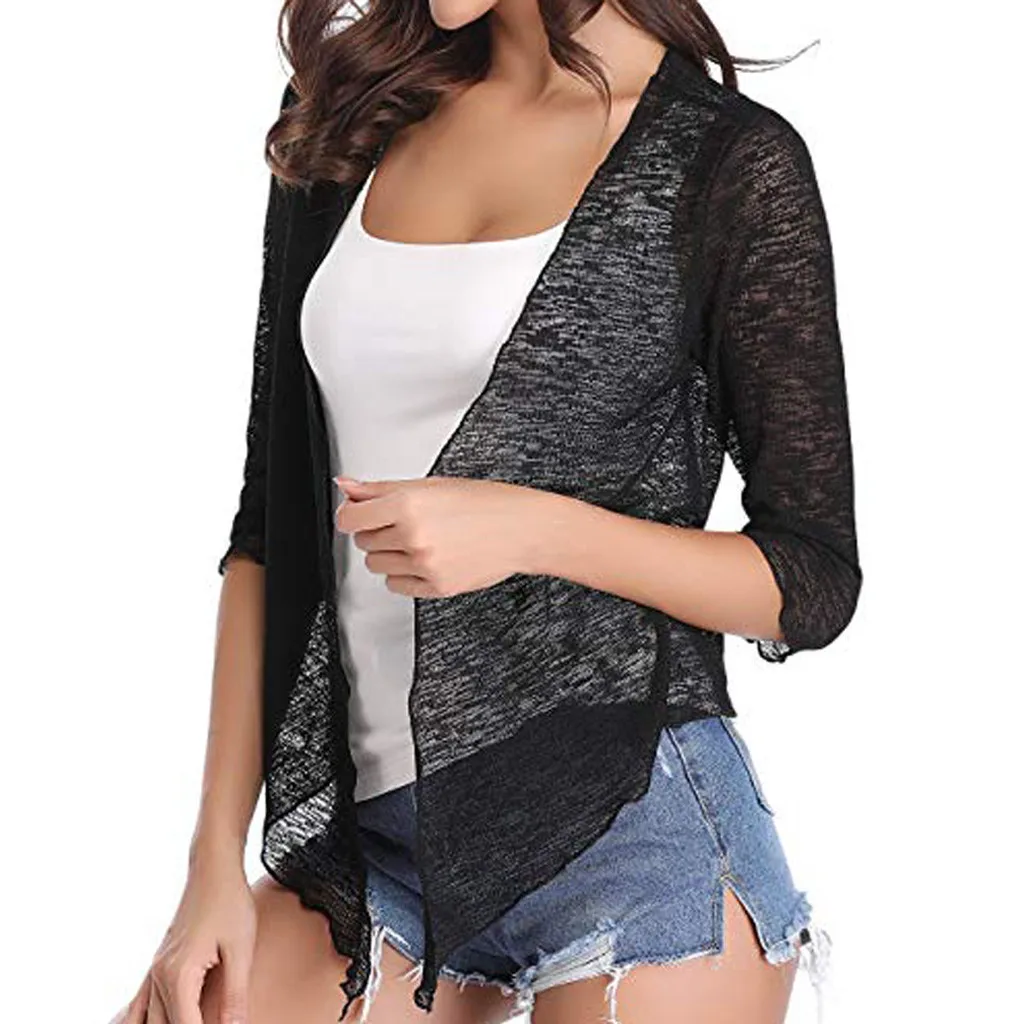 

summer Cardigan Fashion Women Solid Sheer Shrug Open Front Cropped Three Quarter Cardigan Tops d90807