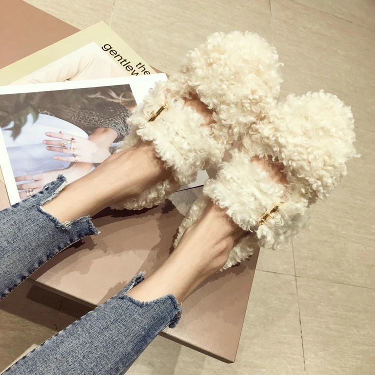 MIULAMIULA Brand Designer Winter New Luxury Soft Bottom Real Rabbit Hair Round Toe Flats Shoes Women Slip On Loafers Casual