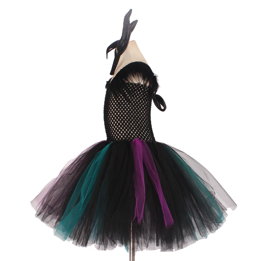 Maleficent/платье-пачка с рожками для девочек; маскарадный костюм для хеллоуина и ведьмы; Украшенные перьями фатиновые праздничные платья