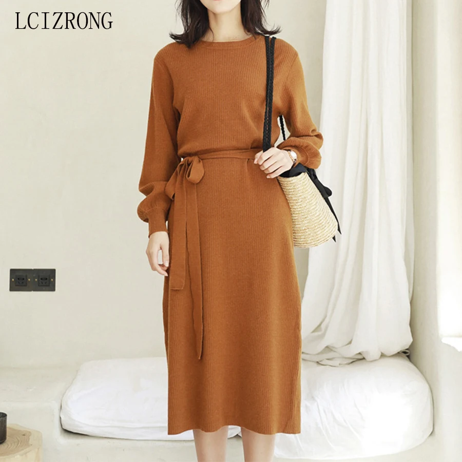 

Winter Fashion Loose Solid Sweater Dress Women Elegant Ladies Sashes Long Lantern Sleeve Knee-length Dress Korean Knitted Dress