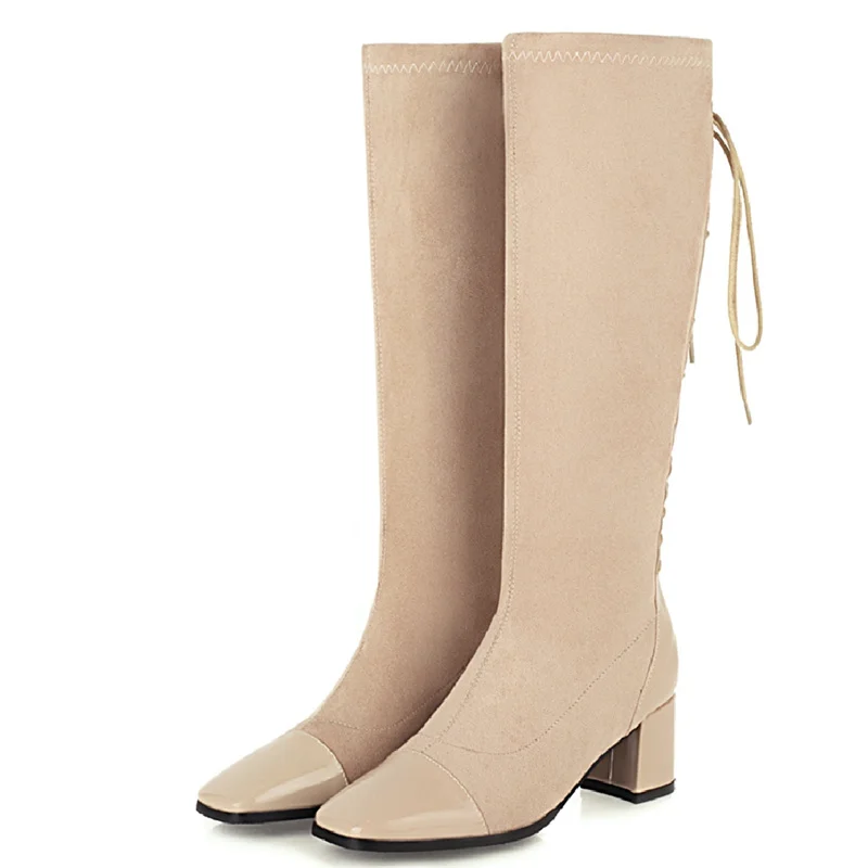 Fashion Flock Knee High Boots Women Lace Up Casual Autumn Winter High