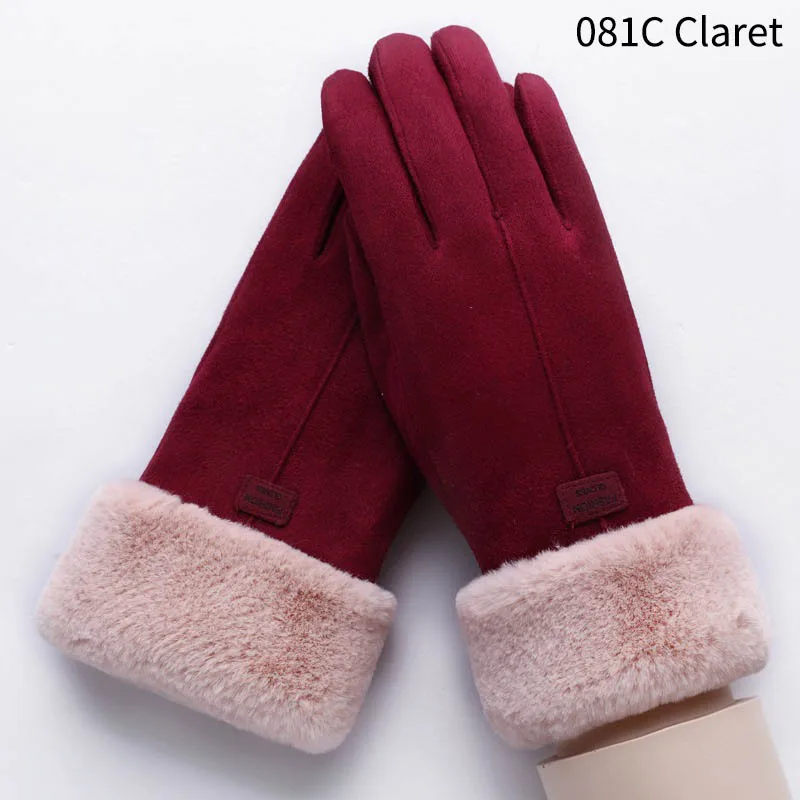 Милые зимние теплые женские перчатки с вышивкой в виде кота и снежинки, двухслойные бархатные толстые женские перчатки митенки, подарок - Цвет: 081C Claret