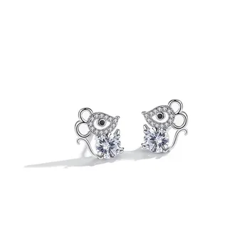 

S925 Sterling Silver Rat Year Earrings Female Full Diamond Simple Rat Earrings Spontaneous Year Cute Little Mouse Ear Jewelry
