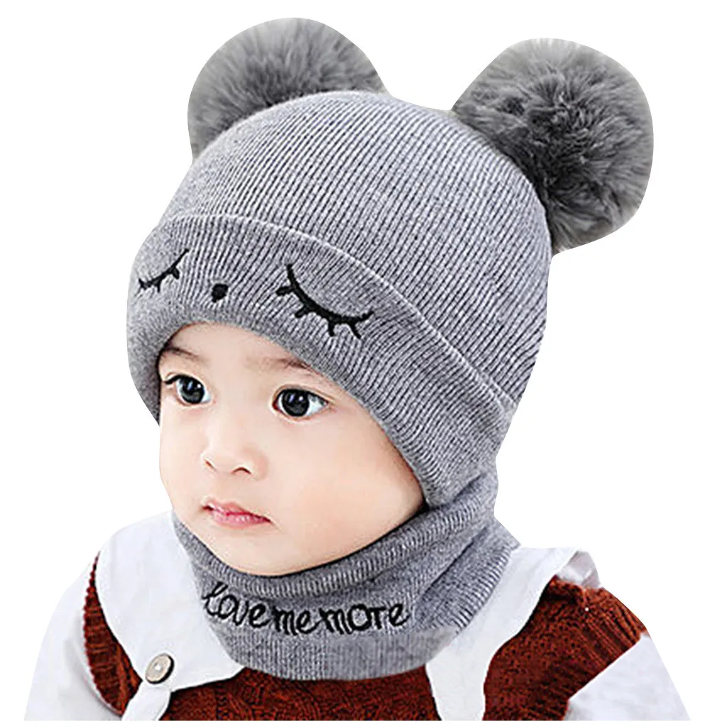 Cute Eyelash Caps For Newborn Kids Baby Boy Girl Pom Hat Winter Warm Knit Bobble Beanie Cap Scarf Set Drop Shipping - Цвет: Gray