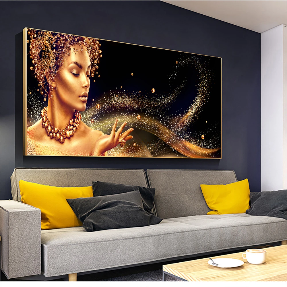 1 Pieces Large Wall Art Pictures For Living Room Women Face With Golden Liquid Home Decor Posters HD Prints Canvas Paintings | Дом и сад