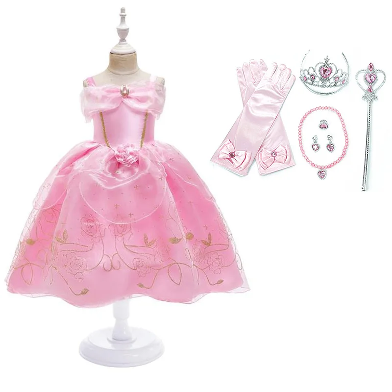 

Girls Sleeping Beauty Princess Dress Kids Coplay Aurora Arlo Costume Children Carnival Birthday Party Pink Clothes Crow Gloves