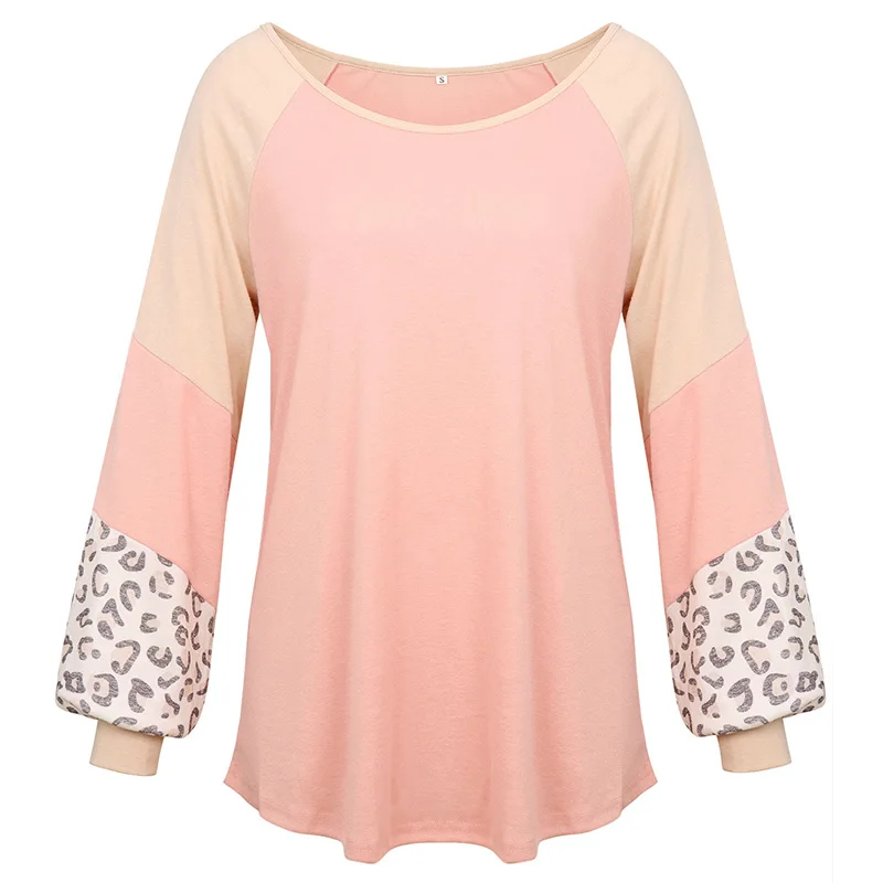 Осенне-зимняя женская футболка с длинным рукавом и круглым вырезом с леопардовым принтом, свободные топы, футболки, женская одежда - Цвет: Розовый
