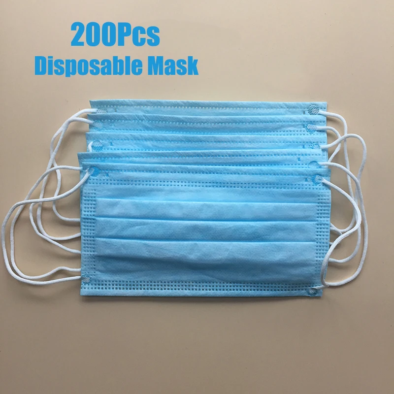 

200Pcs Masks Medical 3-Layer Filter Surgical Non-woven Elastic Earloop Mouth Face Disposable Masks Blue