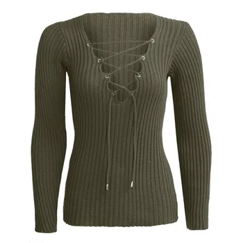 

Lace Up Bow Pollover Fashion Slim Sollid Color V Neck Long Sleeve Sweater Women's Clothing Hot